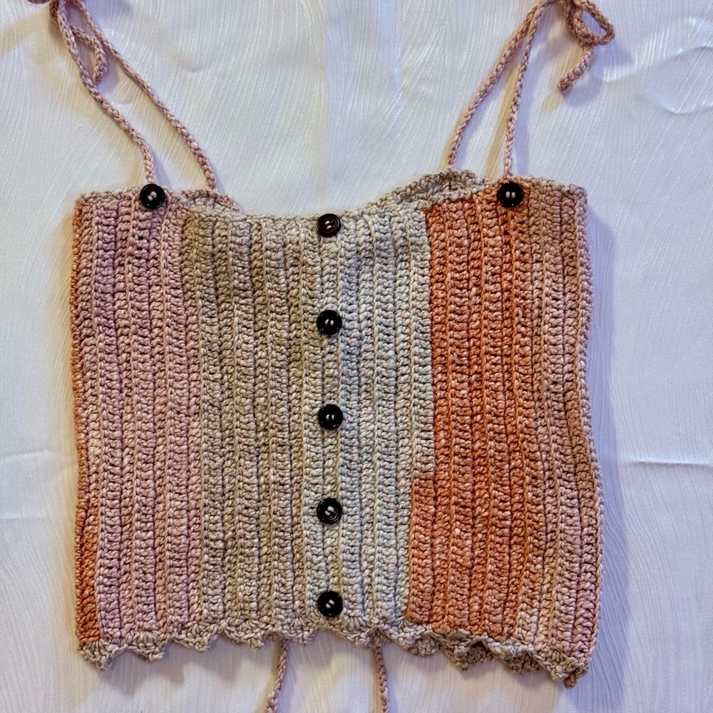 Handmade Crochet Tank Top Button Front Corset Lace Back Y2K Cottagecore